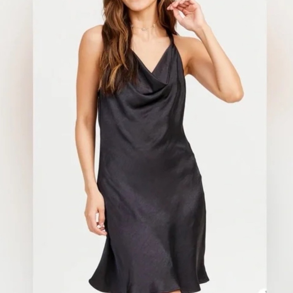 Altar'd State Black Satin Cowl Slip Dress